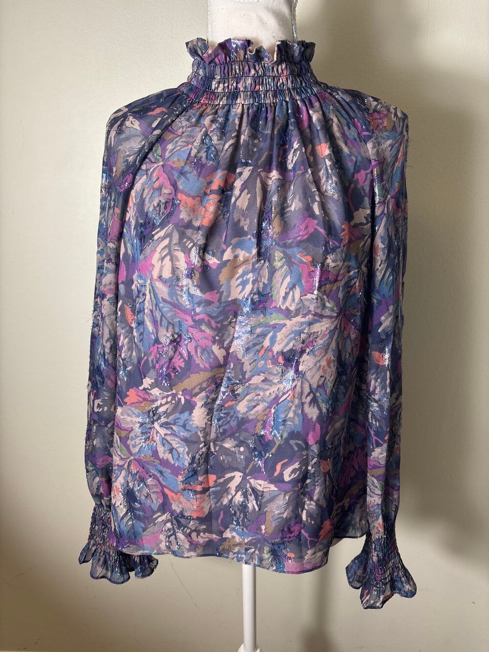 Rebecca Taylor Dark Blue and Purple Long Sleeve High Smocked Neck Blouse Sz 6